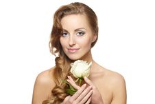 Smiling Beautiful Woman With White Rose Stock Photography