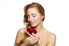 Beautiful Woman With Red Rose Stock Photo