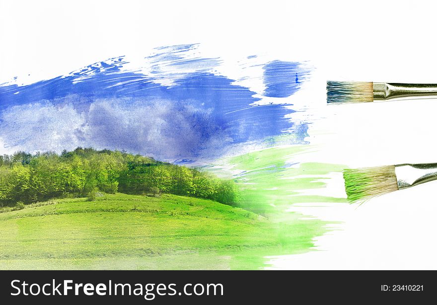 Painted summer landscape with blue sky. Painted summer landscape with blue sky