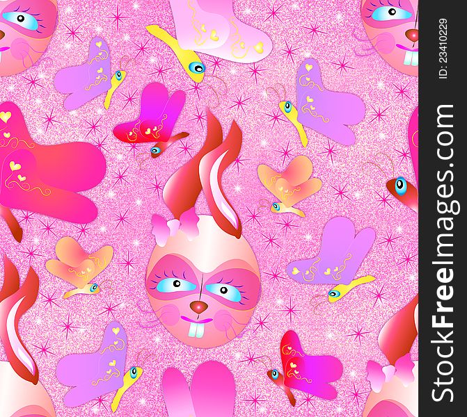 Pink Bunnies and butterflies on a glittery background seamless pattern. Pink Bunnies and butterflies on a glittery background seamless pattern