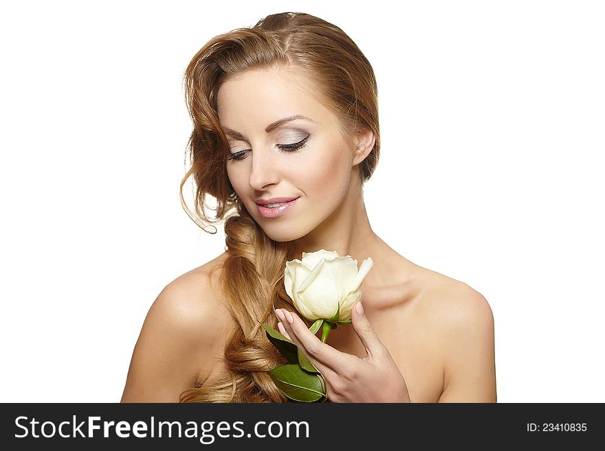Smiling Beautiful Woman With White Rose