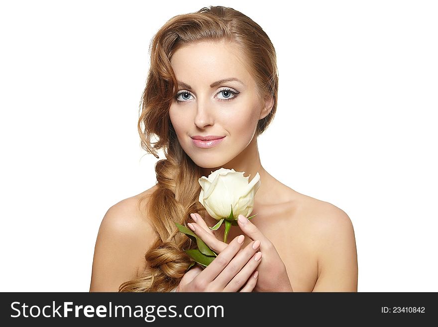 Smiling Beautiful Woman With White Rose