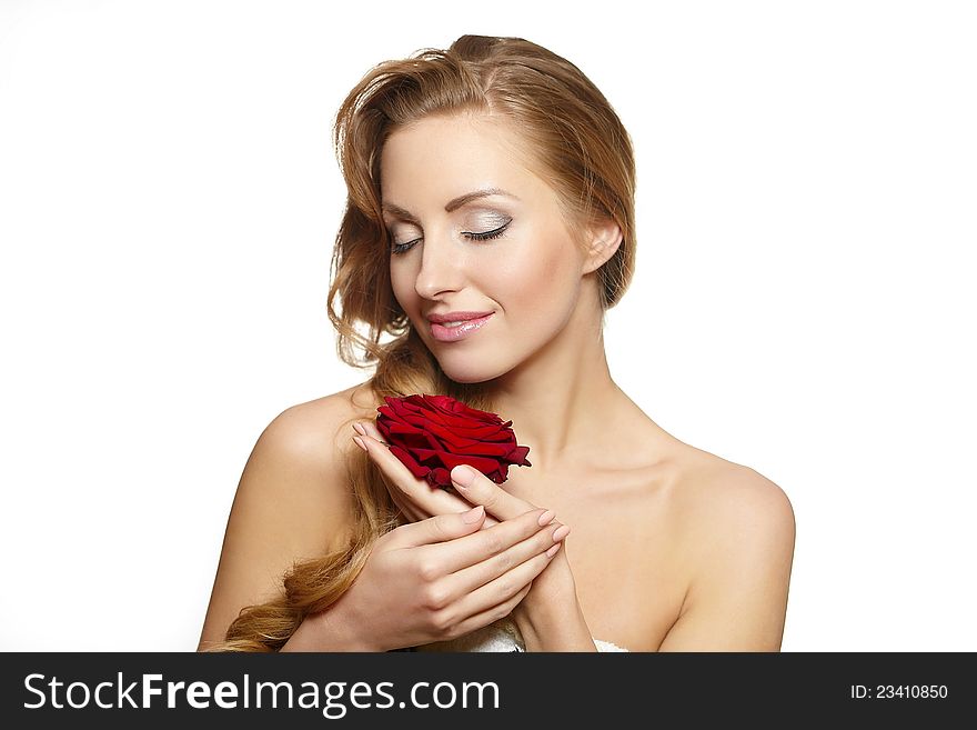 Beautiful woman with red rose