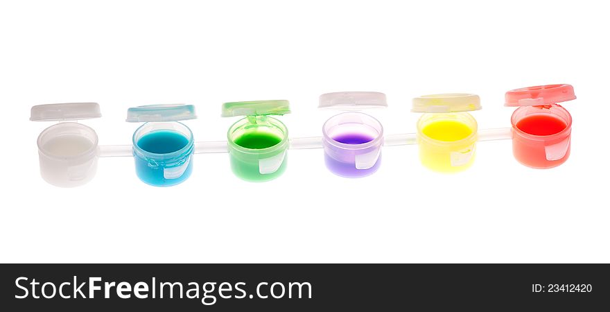 Containers with different paints isolated on white background