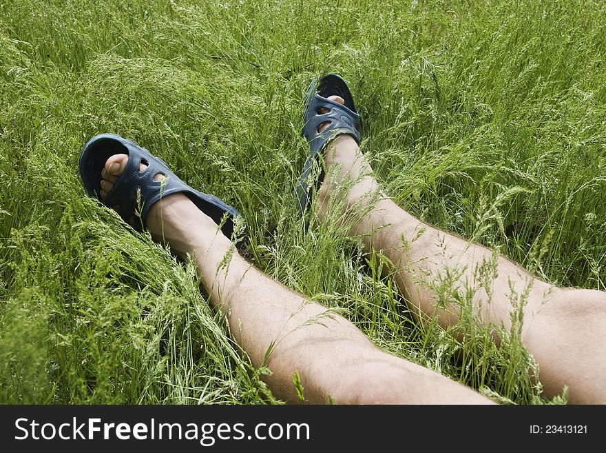 Legs of a man laying in the grass on a sunny day. Legs of a man laying in the grass on a sunny day