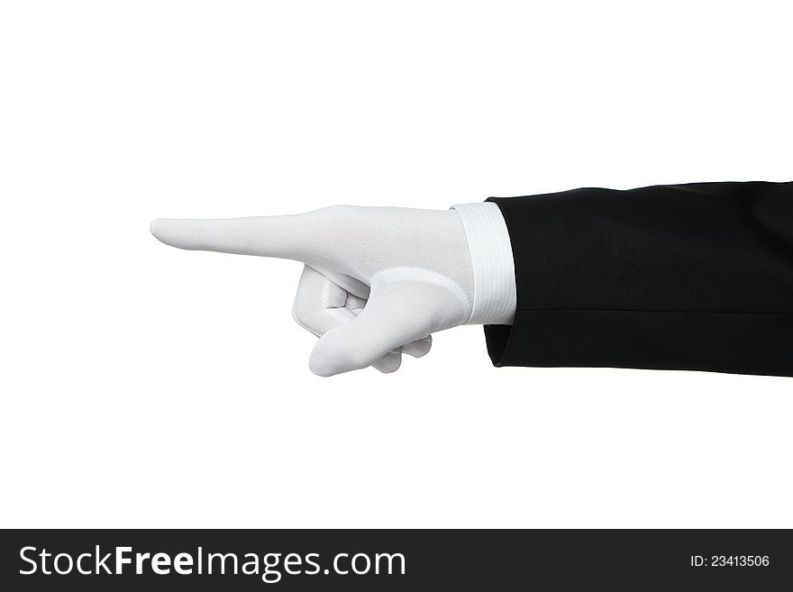 Elegant human hand pointing Your text or product, isolated on white background