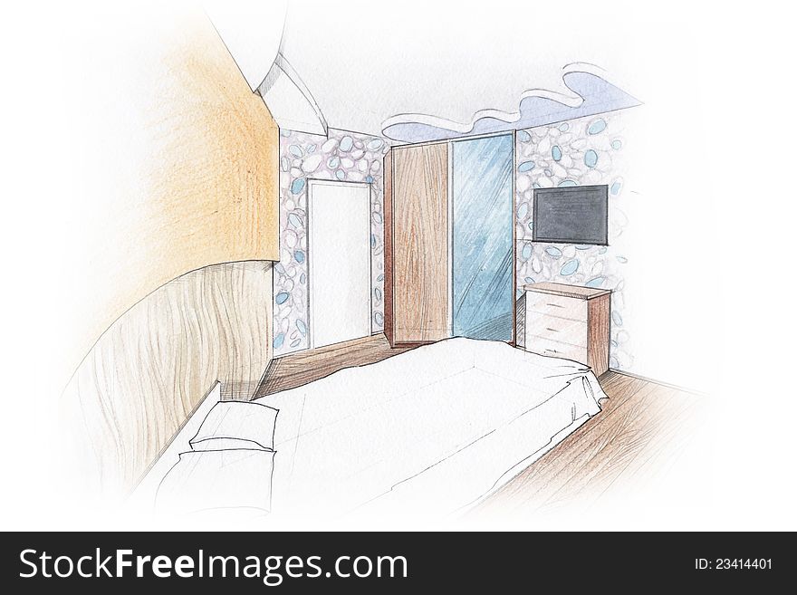 Ink pen and watercolor free hand sketch of an interior of a master bedroom. Ink pen and watercolor free hand sketch of an interior of a master bedroom
