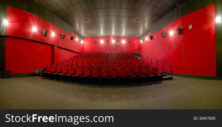 Red empty small cinema hall. Red empty small cinema hall