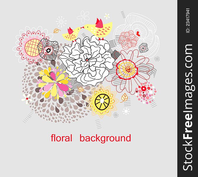 Bright floral background with birds and plants on the gray