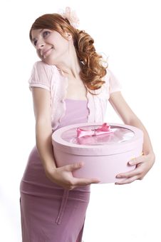 Girl In A Pink Dress With Pink Gift Royalty Free Stock Photography Girl In A Pink Dress With Pink Gift Royalty Free Stock Photography