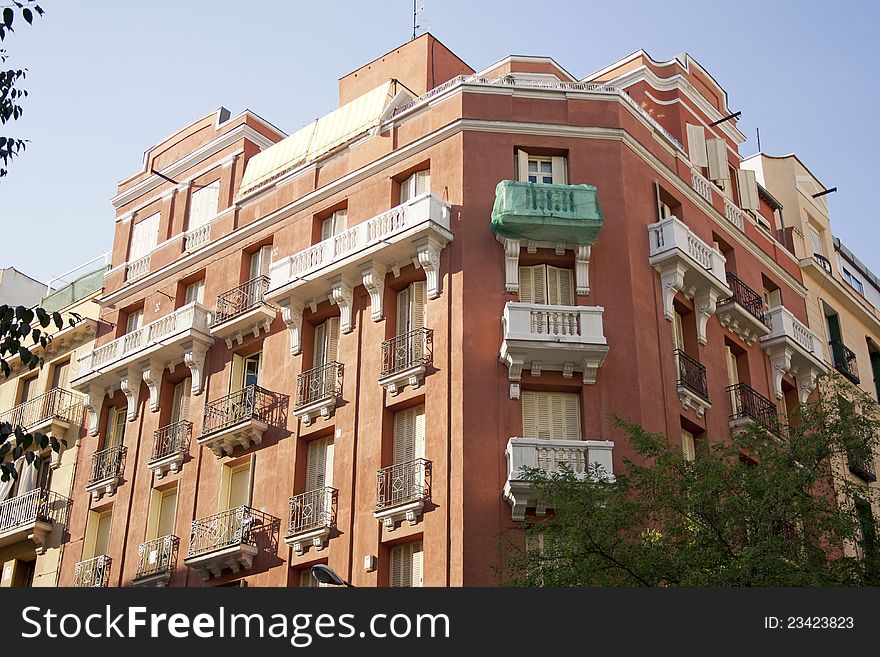 Balconies of a old building in Madrid