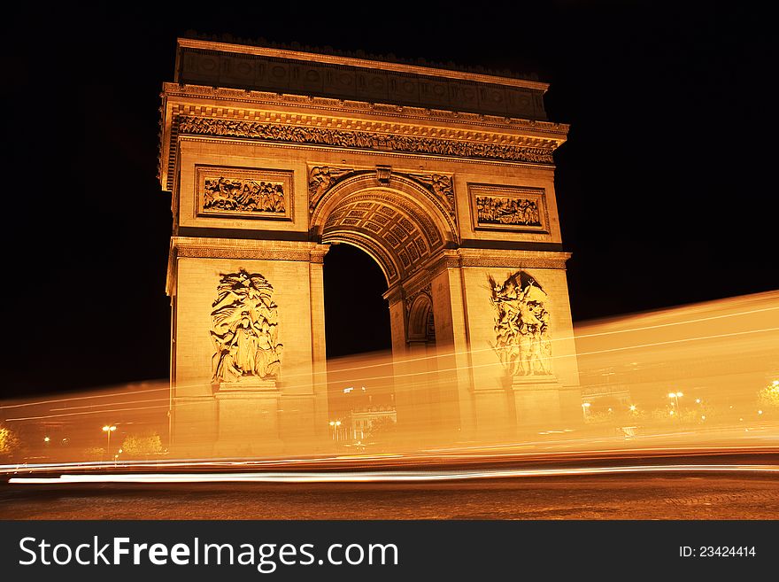 Paris landmark - Arc de Triomphe at night. Long Exposure