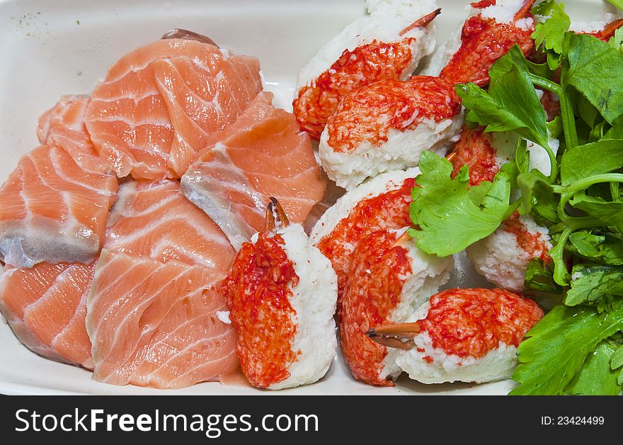Raw salmon fish and claw crab delicious food Japanese style