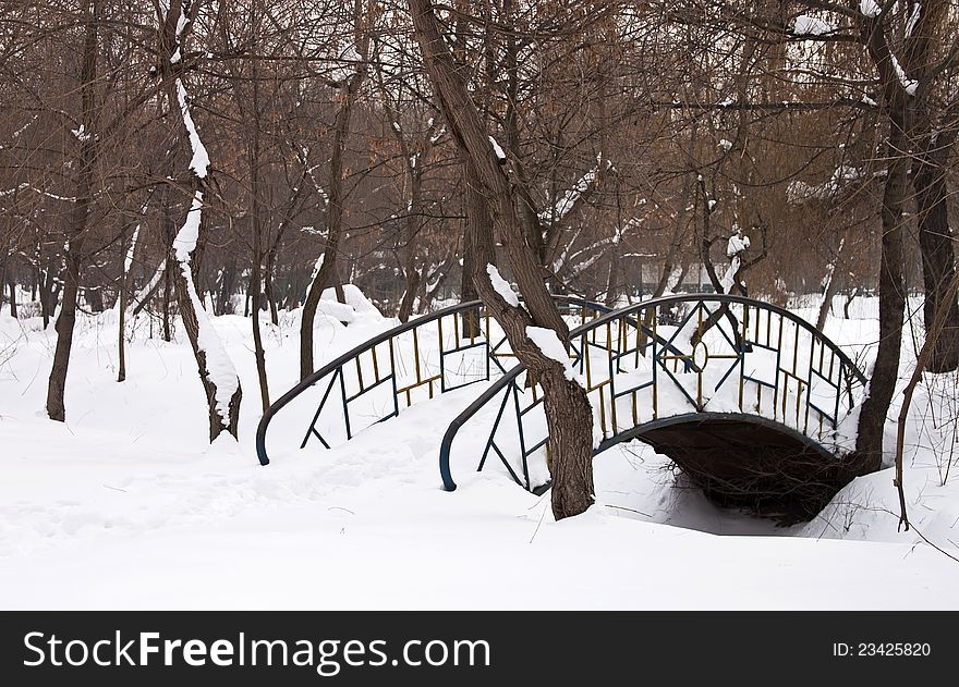 Bridge in the park covered with snow. Bridge in the park covered with snow