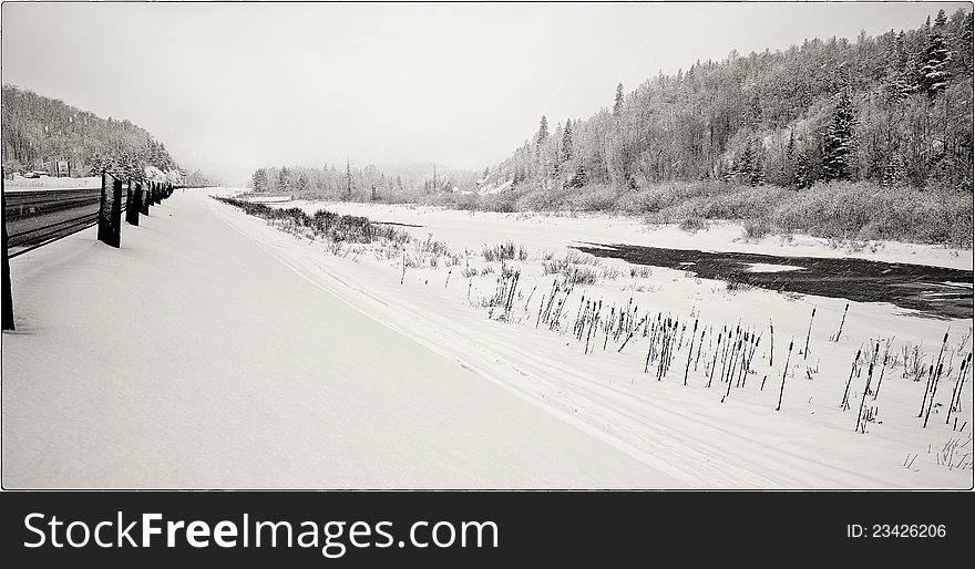 Highway 17, North of Sault Ste. Marie, Ontario, during a winter storm. Highway 17, North of Sault Ste. Marie, Ontario, during a winter storm