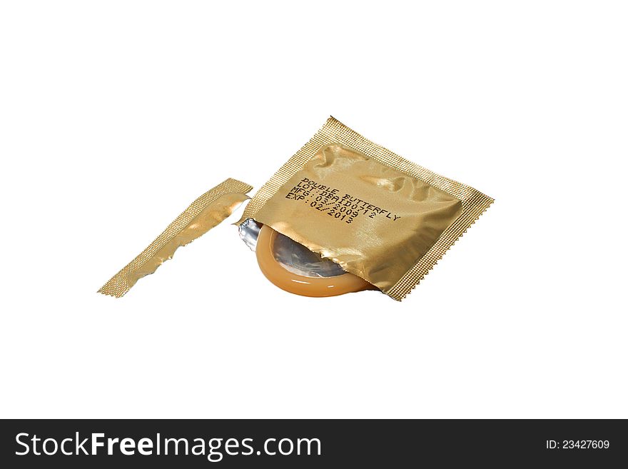 Unwrapped condom isolated on a white background