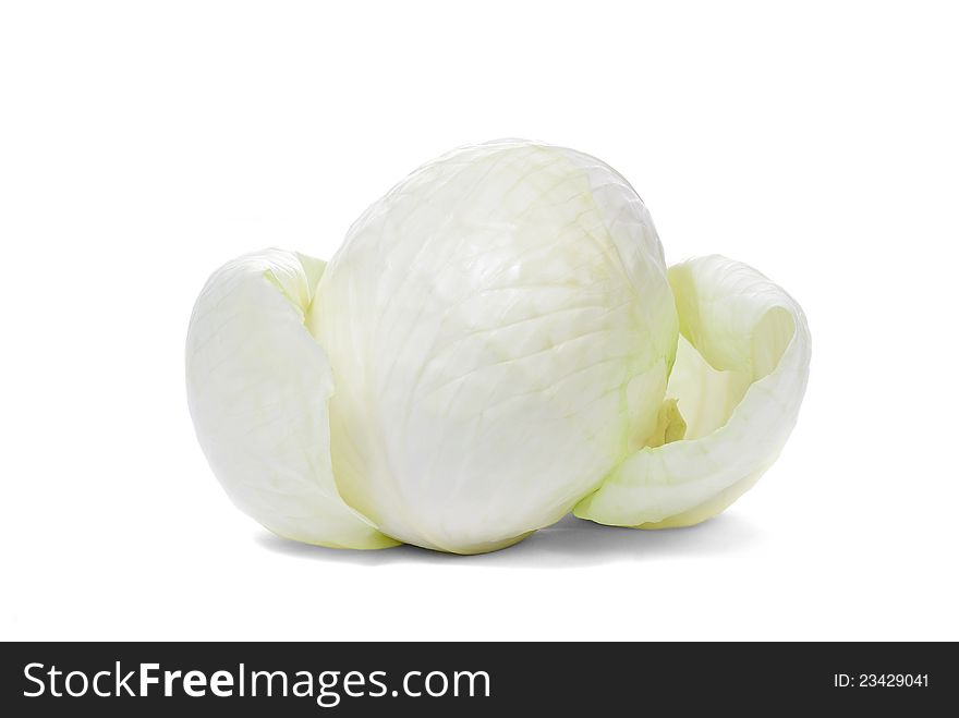 Whole cabbage with leaves on white