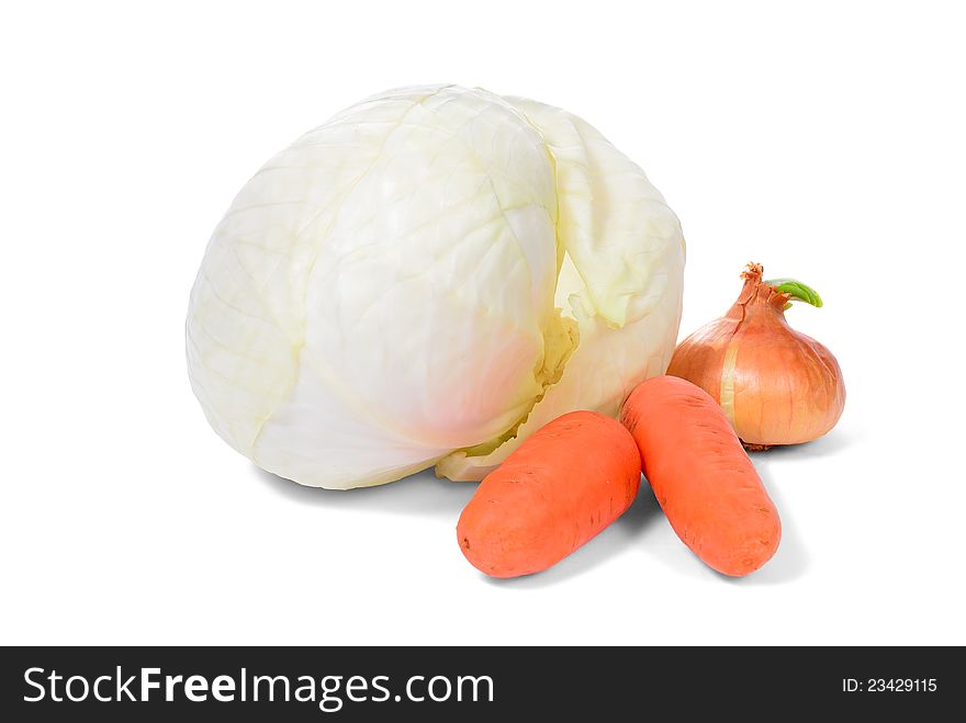Cabbage, carrots and onion  on white background. Cabbage, carrots and onion  on white background