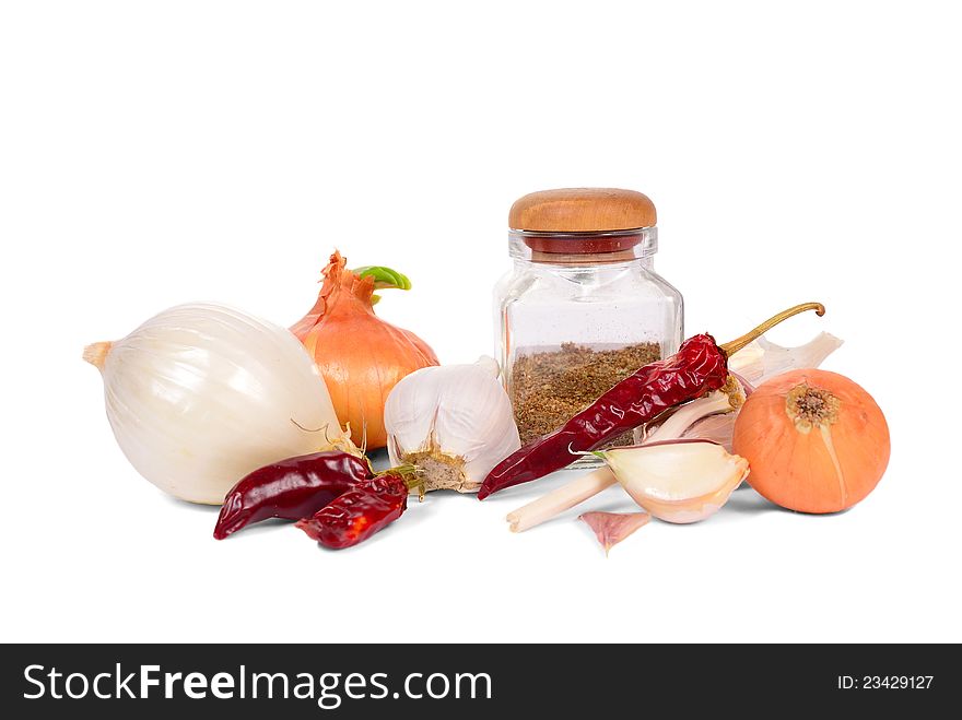 Vegetables and spices assortment on white background