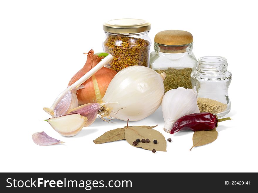 Vegetables and spices assortment  on white background. Vegetables and spices assortment  on white background