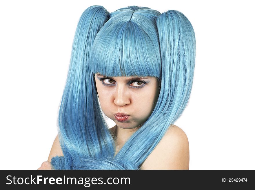 Grimacing  cute woman in blue wig