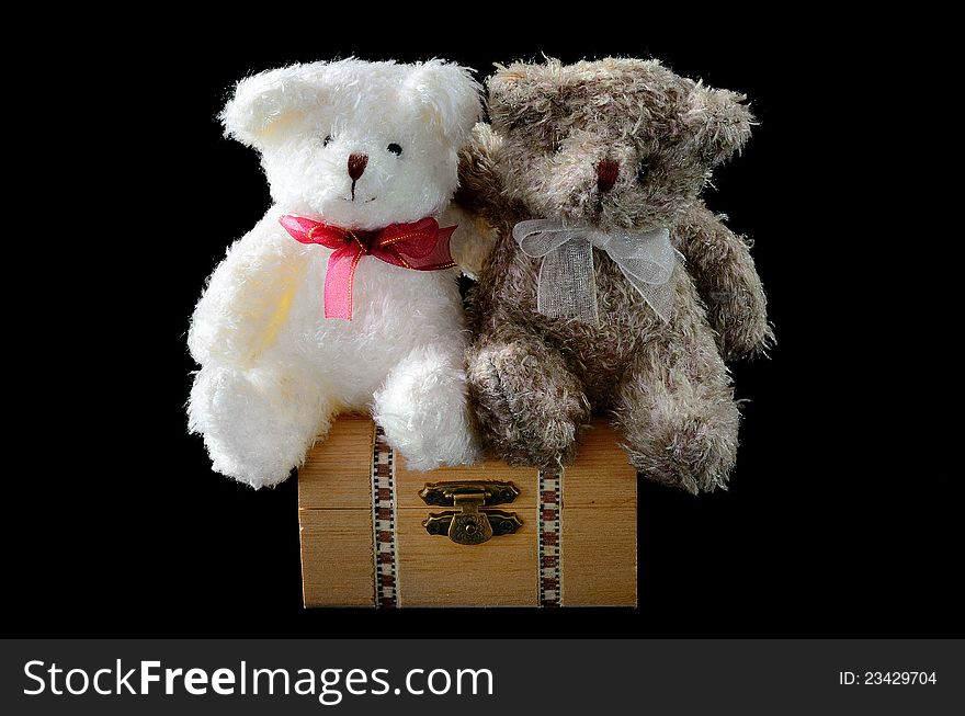 The couple bear they sit and hug on the casket. The couple bear they sit and hug on the casket