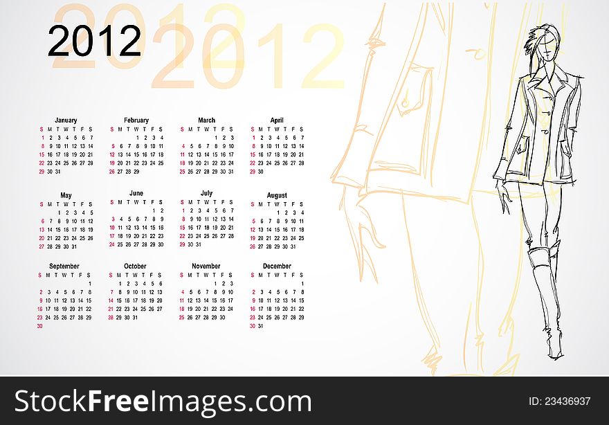 Calendar 2012 with the fashionable sketch of the girl. Calendar 2012 with the fashionable sketch of the girl.