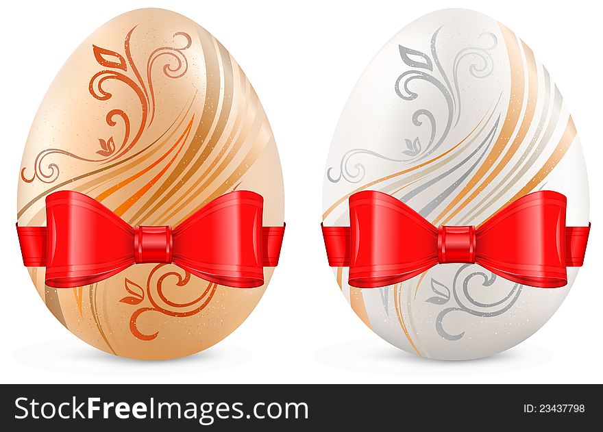 Decorated eggs with ribbon on white