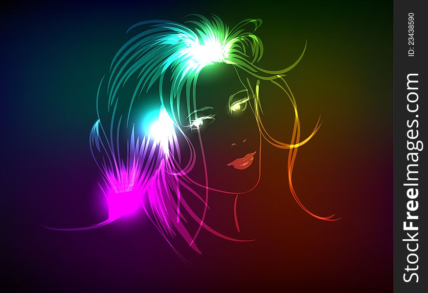 Hand-drawn fashion model from a neon. A light girl's face. Hand-drawn fashion model from a neon. A light girl's face.