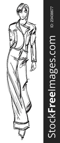 SKETCH. fashion girl. Hand-drawn fashion model