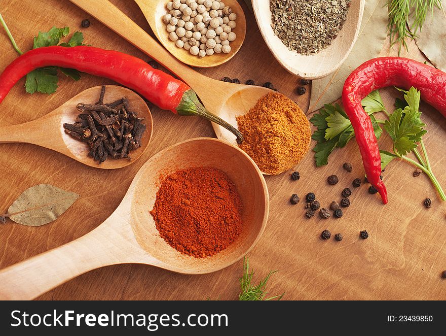 Spices in the spoons on wooden background