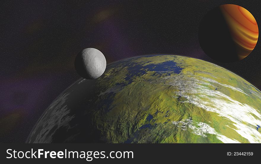 Close up of an alien planet with a moon in its orbit and a nebula background. Close up of an alien planet with a moon in its orbit and a nebula background