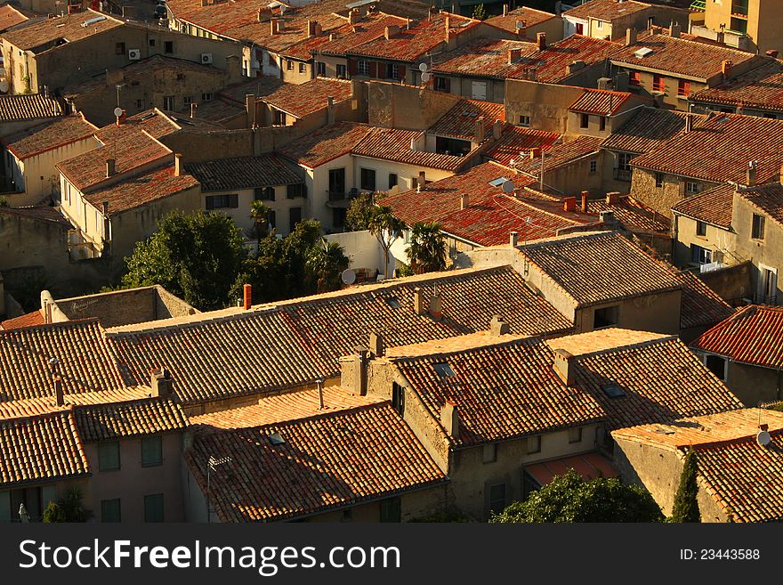 Medieval town of Carcassonne in Languedoc-Rousillon with roofs. Medieval town of Carcassonne in Languedoc-Rousillon with roofs
