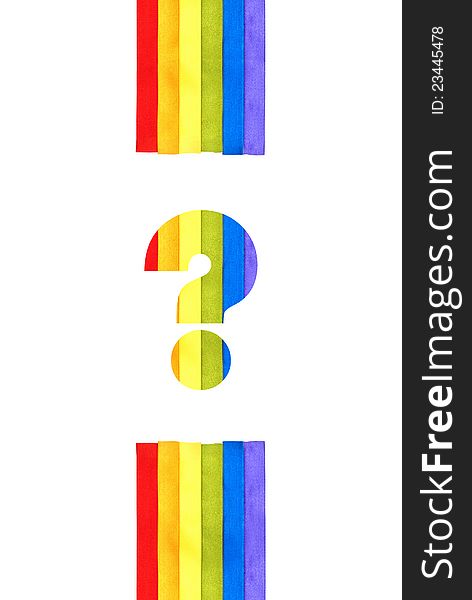 Rainbow flag background made of slim stripes with question mark