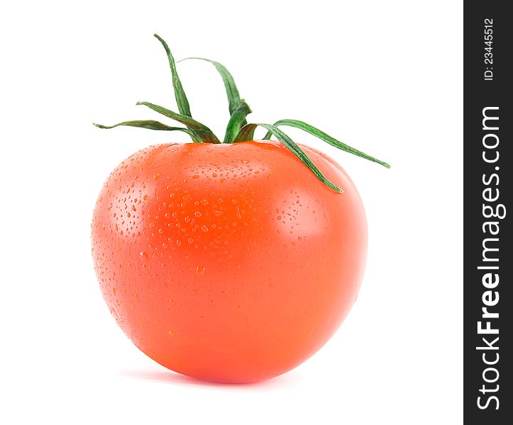 Fresh tomato  on a white background with water drops