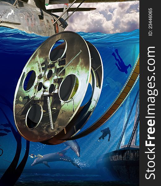 A composition representing a film roll with a reflected image of a sailing ship at the foreground of an image representing divers adventurers who have located the sailboat under the sea. Can be used as indication of the movie genre, in a movie catalog, in a web page or newspaper, or on a DVD/Blu Ray cover, or a poster for a movie festival. A composition representing a film roll with a reflected image of a sailing ship at the foreground of an image representing divers adventurers who have located the sailboat under the sea. Can be used as indication of the movie genre, in a movie catalog, in a web page or newspaper, or on a DVD/Blu Ray cover, or a poster for a movie festival.