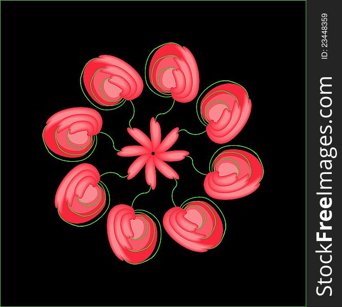 Abstract red flowers in a circle on a black background