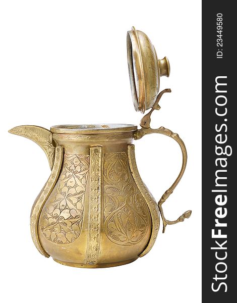 Ancient ornamental teapot, jug on white