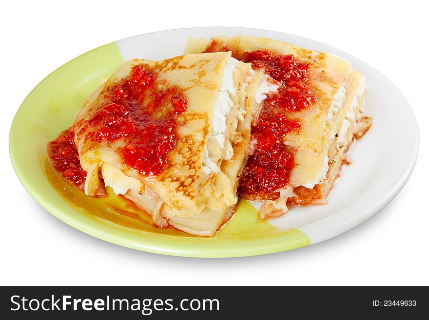 Pancake with cheese and raspberry jam on plate,