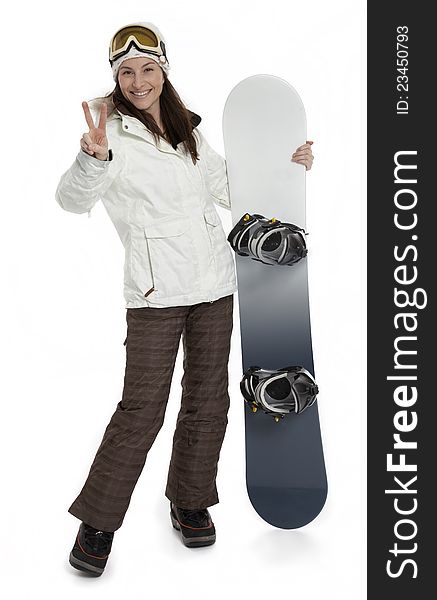 Woman Holding Snowboard on White