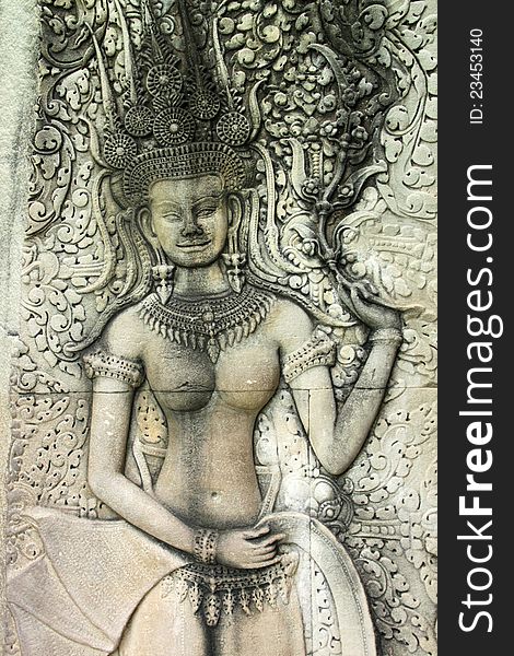 Apsara carving on wall of Angkor Wat, Siemreap, Khmer Republic