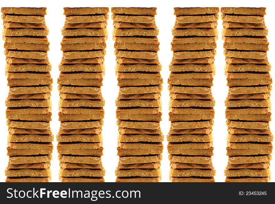 Close up stack of cookies on white background