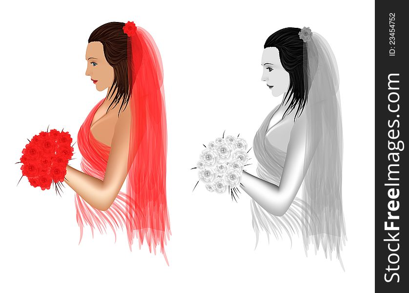 Vector illustration. The bride on a white background in colour and black-and-white variants