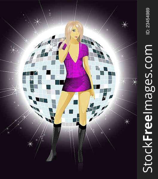 The beautiful girl in a Violet dress against a sphere disco. Party invitation template - Vector illustration.