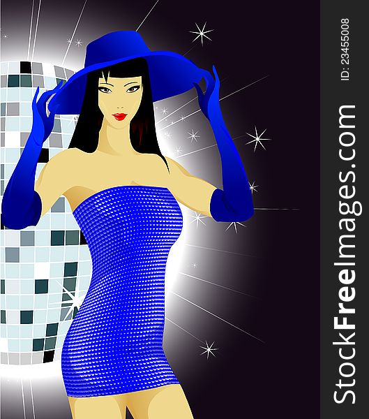 The beautiful girl in a Violet dress against a sphere disco. Party invitation template - Vector illustration.