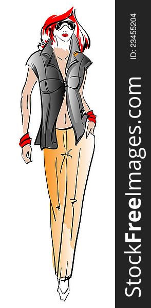 SKETCH. fashion girl. Hand-drawn fashion model. Vector illustration.