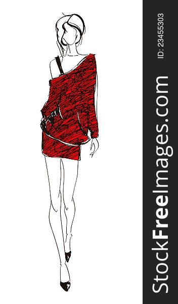 SKETCH. fashion girl. Hand-drawn fashion model. Vector illustration.