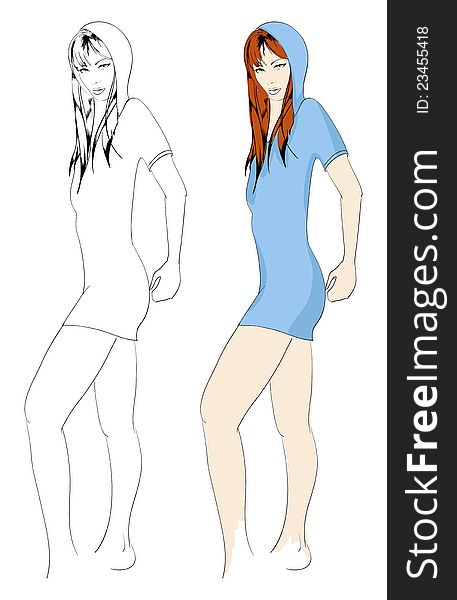 SKETCH. fashion girl. Hand-drawn fashion model