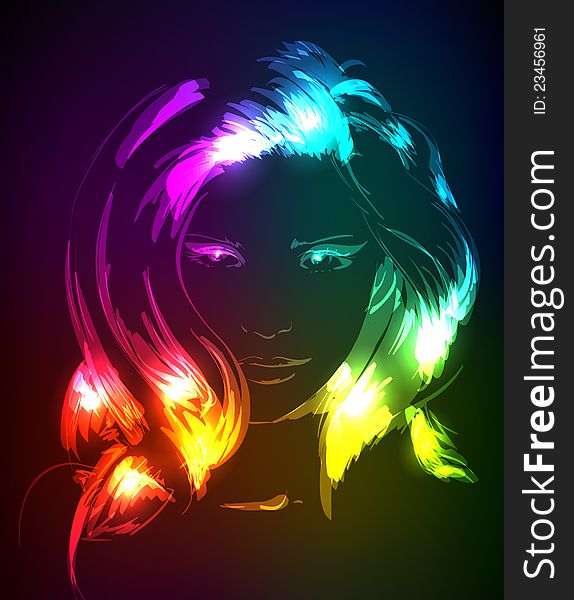 Hand-drawn fashion model from a neon. Vector illustration. A light girl's face. Hand-drawn fashion model from a neon. Vector illustration. A light girl's face.