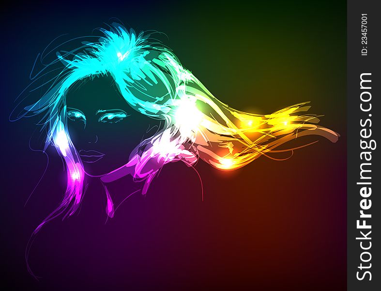 Hand-drawn fashion model from a neon. Vector illustration. A light girl's face. Hand-drawn fashion model from a neon. Vector illustration. A light girl's face.